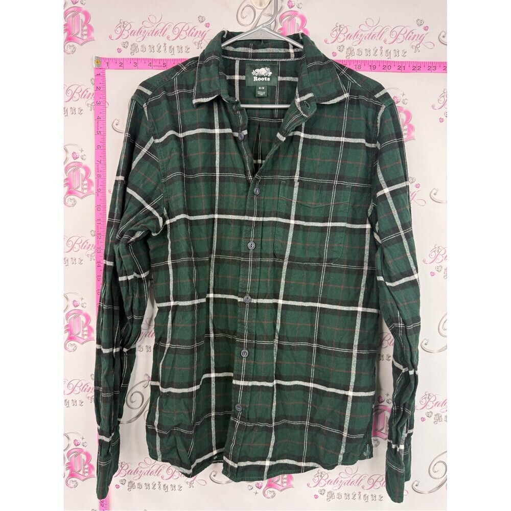 Roots button up shirt top plaid Men's Dark Green Plaid Button-Down Shirt